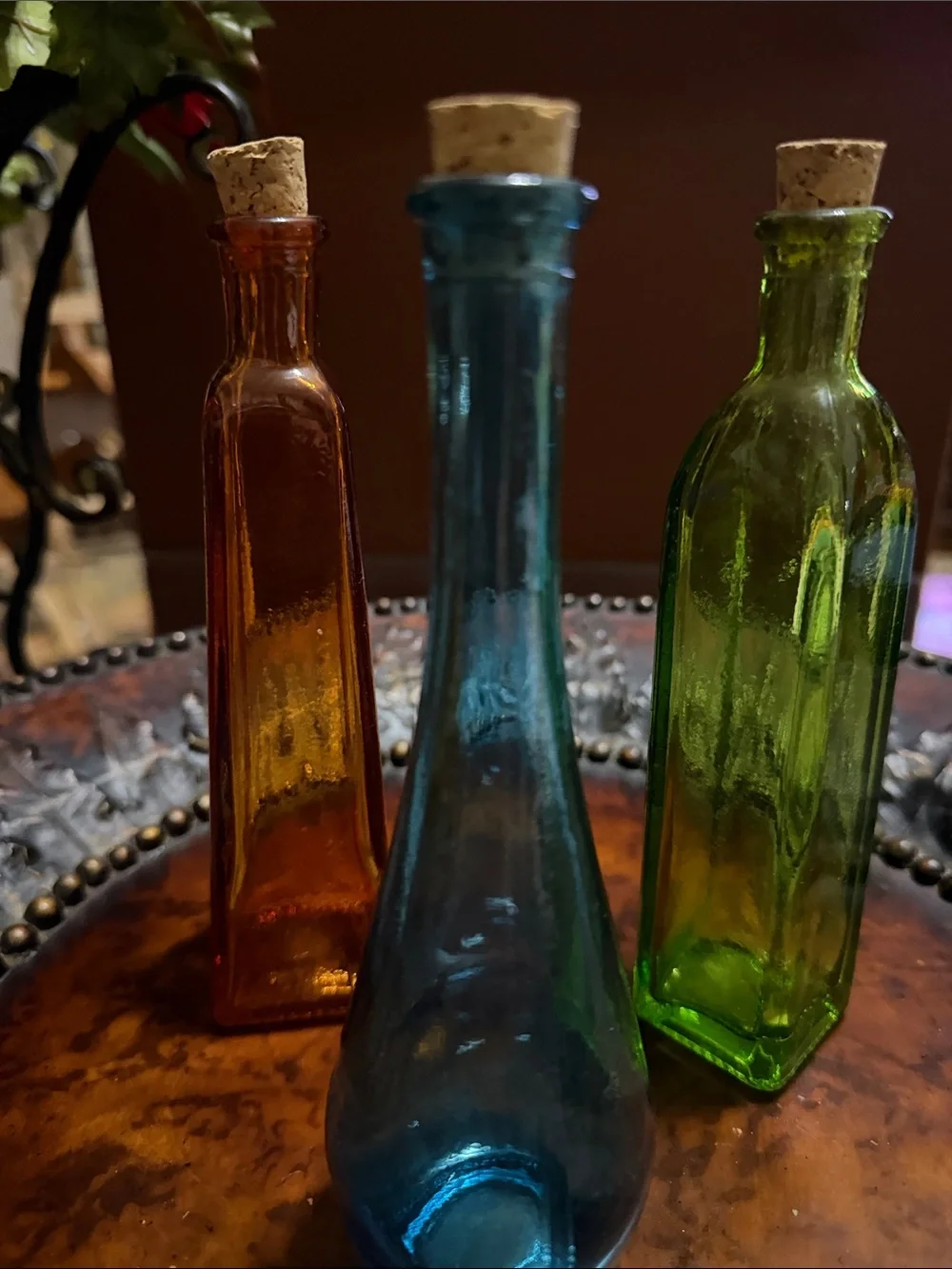 Pier 1 Blue, Amber & Green Glass Bottle Trio with Corks - Each 6 in tall